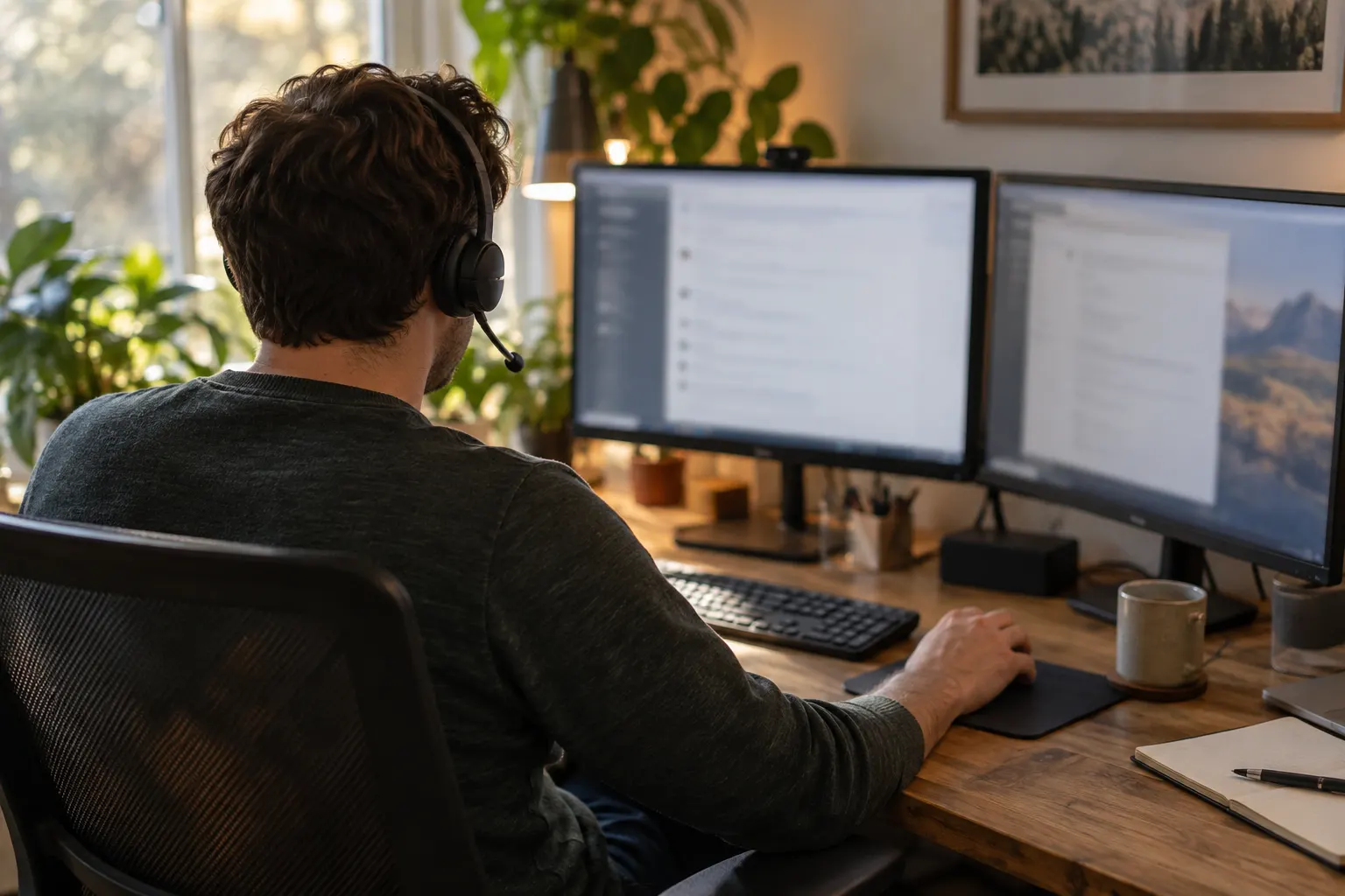An IT engineer on a headset call, seen from behind, working at two monitors