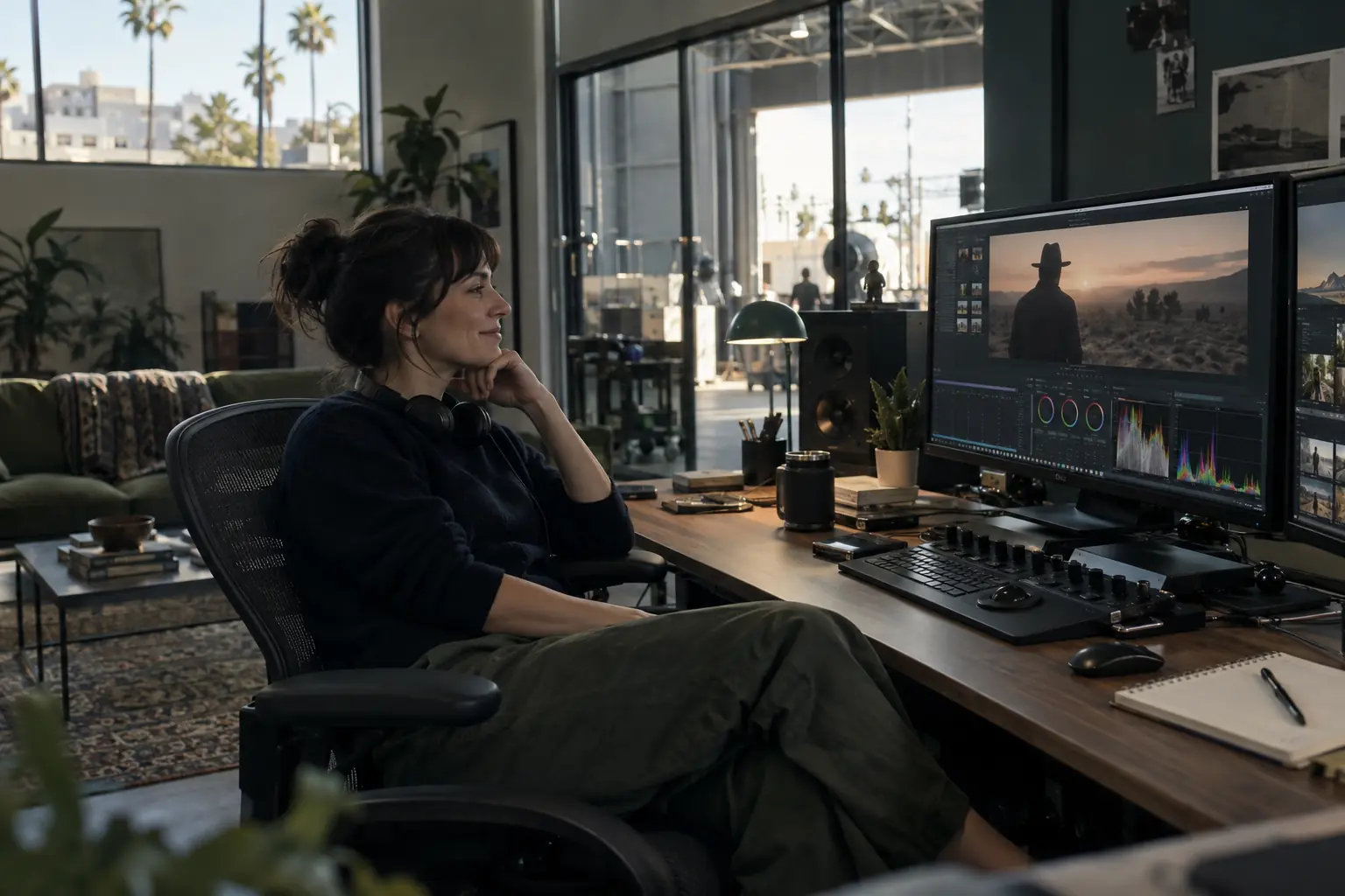 A film editor sitting back in a daylit edit suite, smiling at a graded frame on large monitors