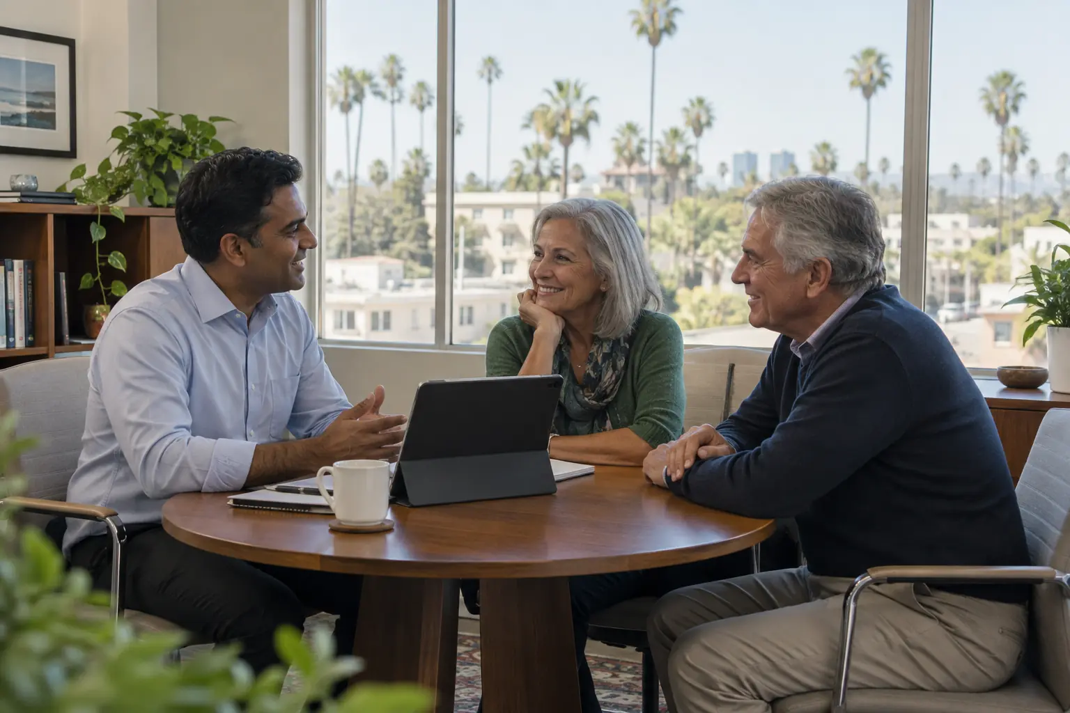 A financial advisor and an older couple smiling across a small table in a bright office