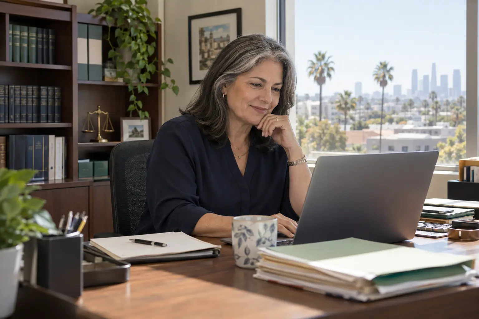 A paralegal working calmly at an orderly law-office desk in daylight, the city skyline outside