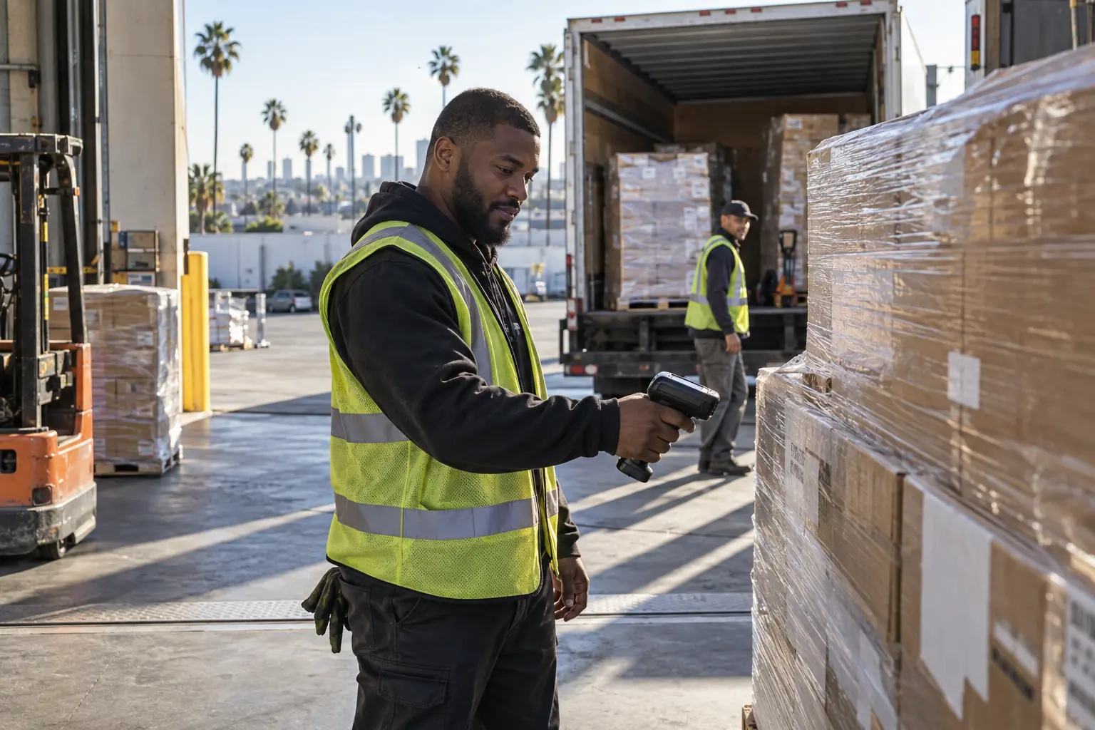 A warehouse lead scanning a pallet on a sunny, orderly loading dock with a truck in the bay