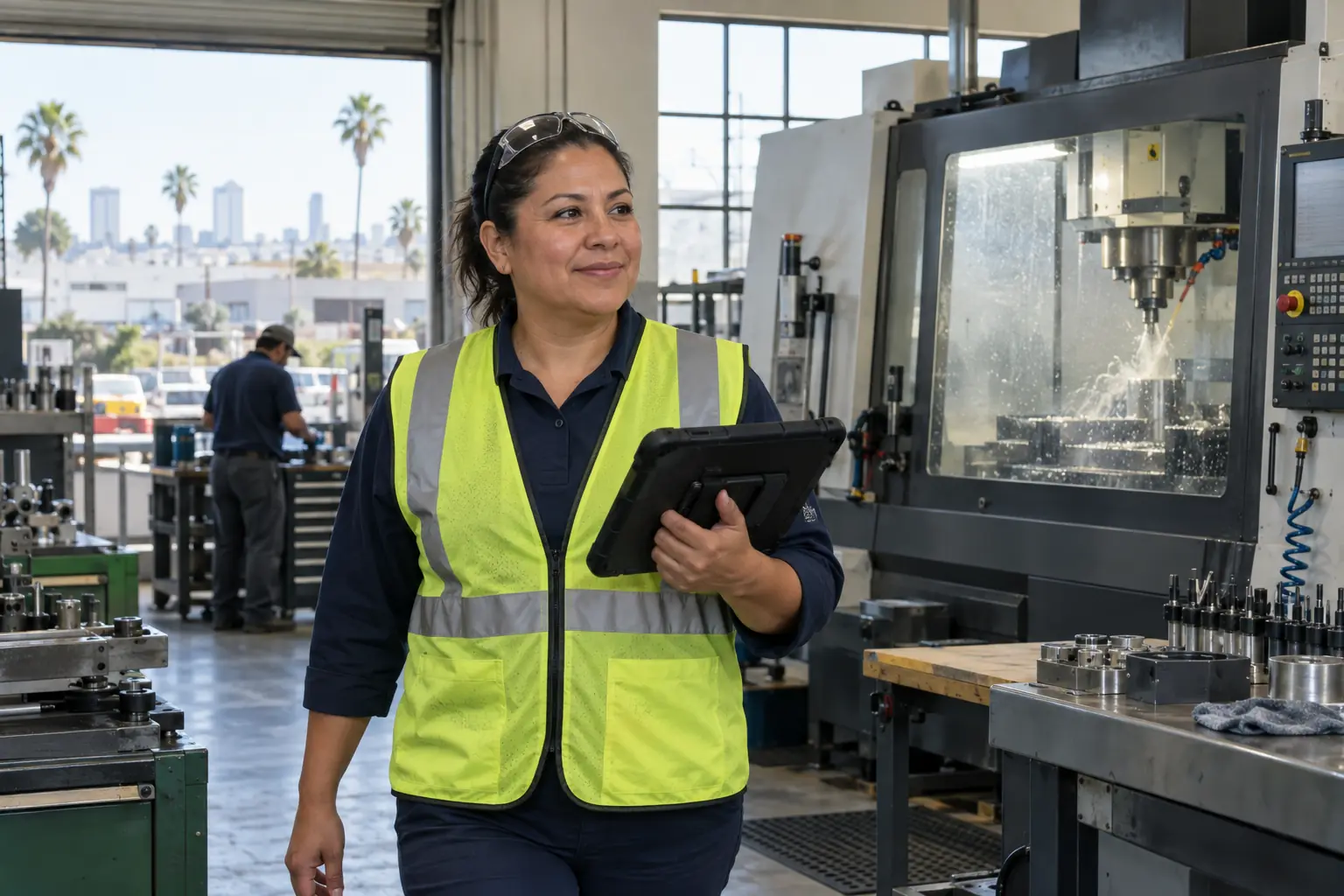A plant supervisor with a rugged tablet walking a clean machine-shop floor as a CNC machine runs