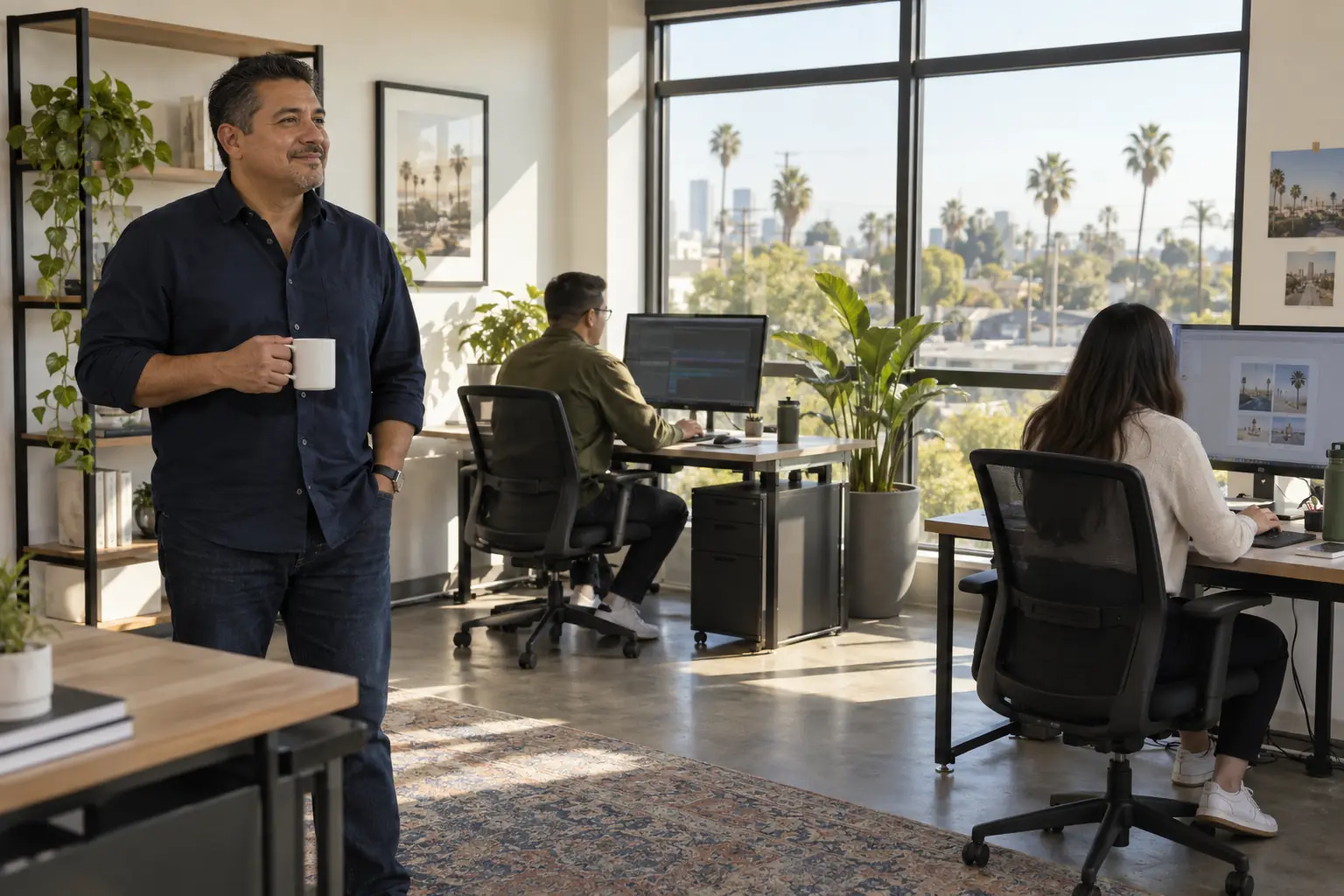 An owner with a coffee looking pleased in a freshly set-up office while his team works at new desks