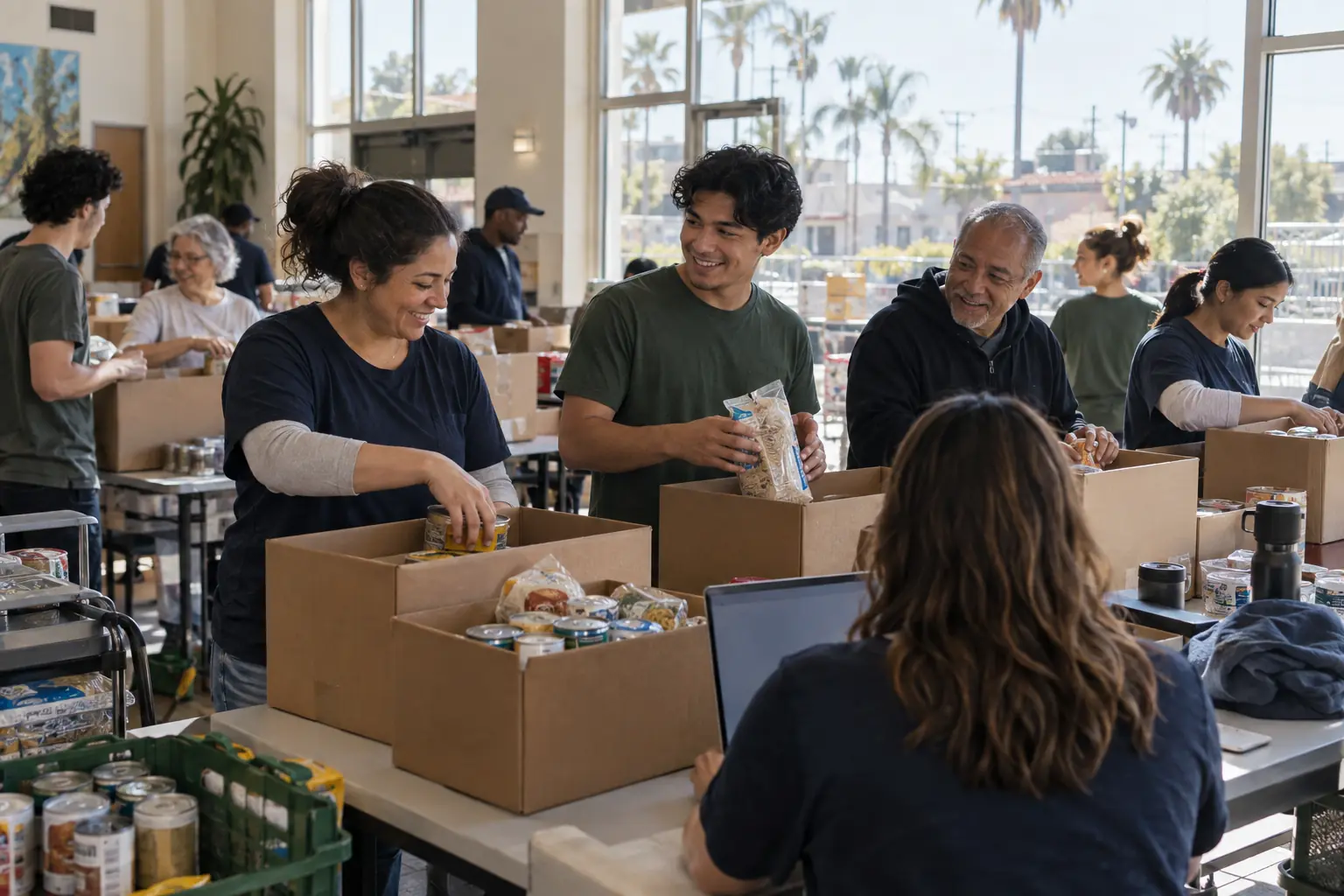 Nonprofit staff and volunteers packing donation boxes and chatting in a bright community hall
