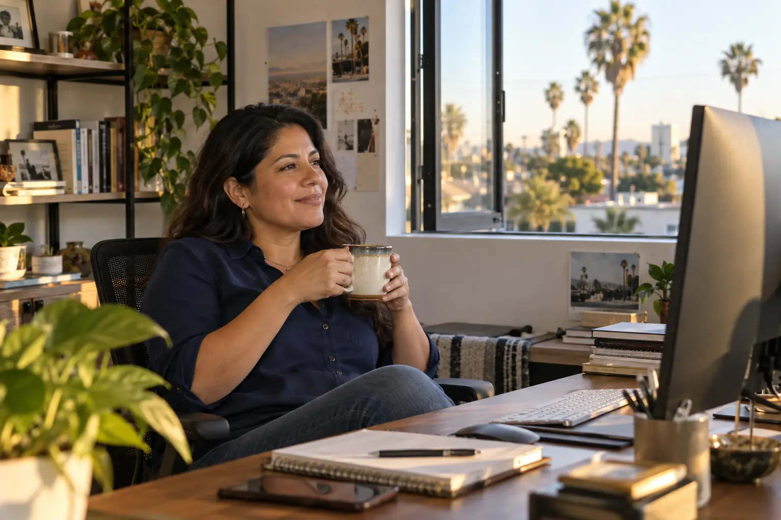 A business owner relaxing at her tidy desk on a sunny afternoon, coffee in hand, palm trees outside the window