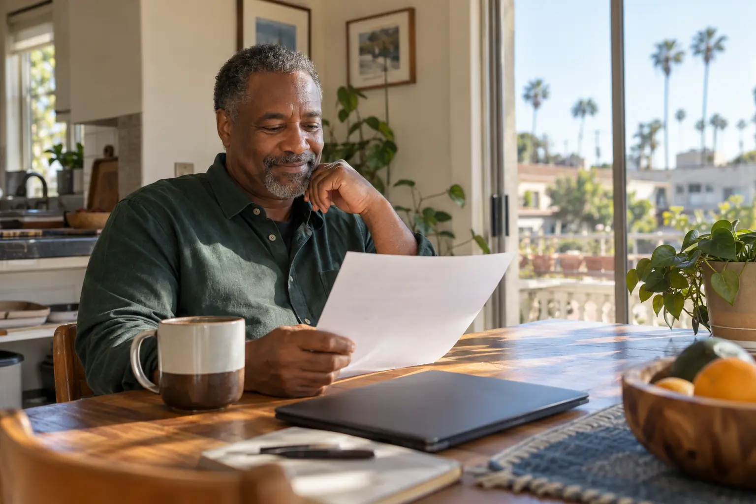 A business owner reading a one-page report at his kitchen table in morning light, looking satisfied