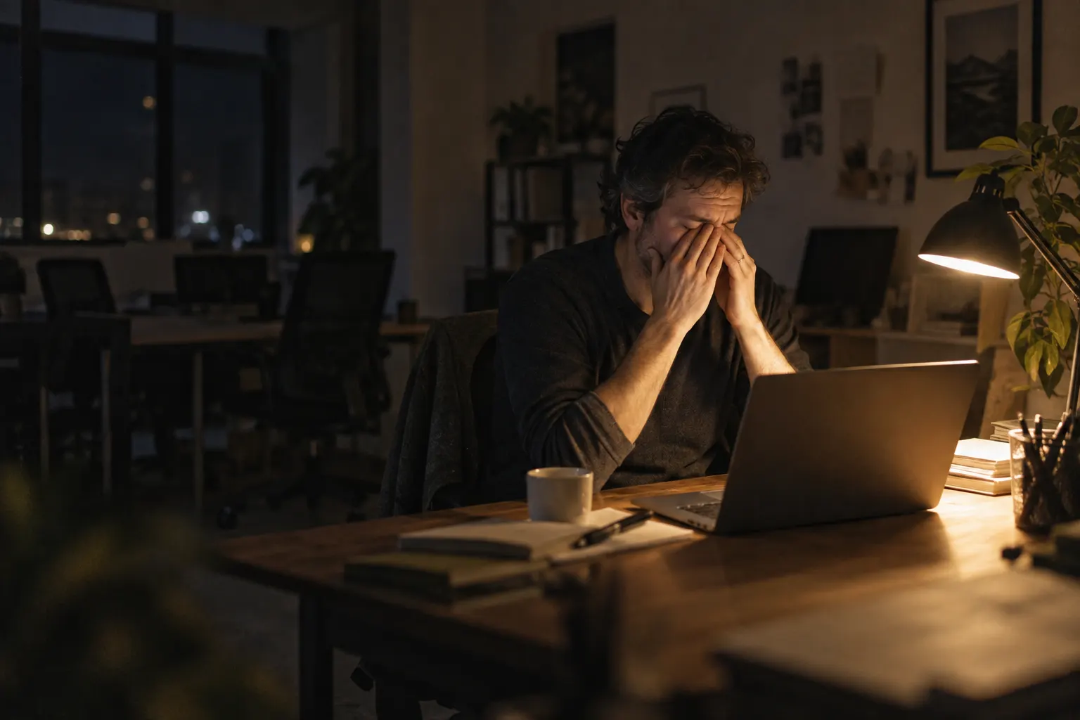A business owner alone in the office after dark, rubbing his eyes over an open laptop