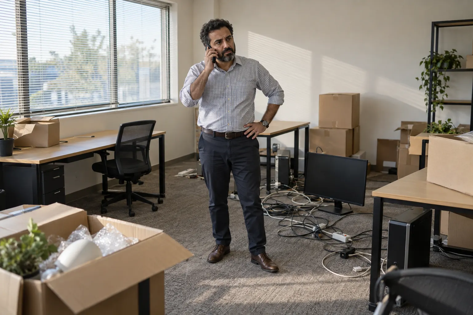 An owner on the phone in a half-moved office full of boxes and loose cables