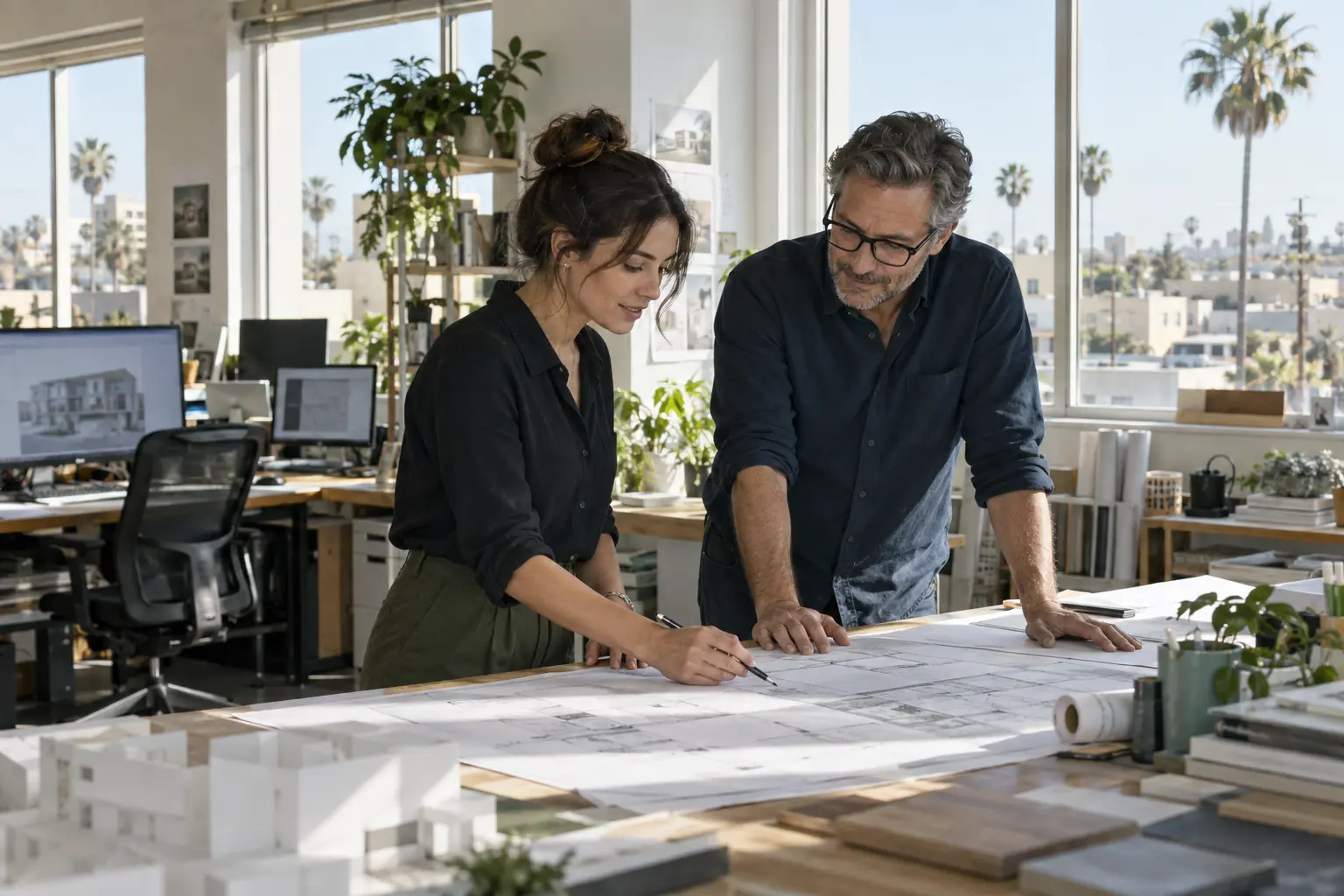 Two colleagues reviewing large printed drawings together in a sunlit design studio