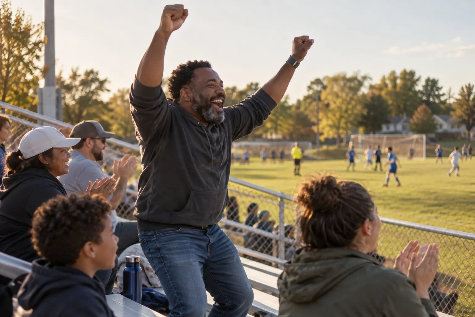 A parent cheering in the bleachers at a youth soccer game