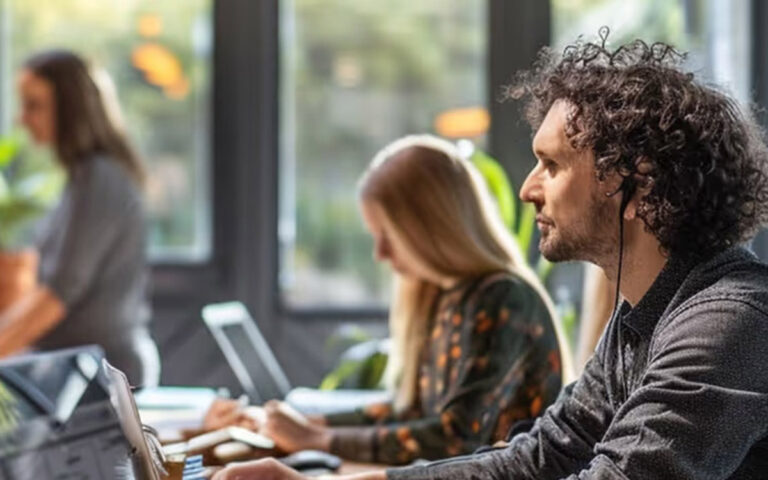 man working with headphones