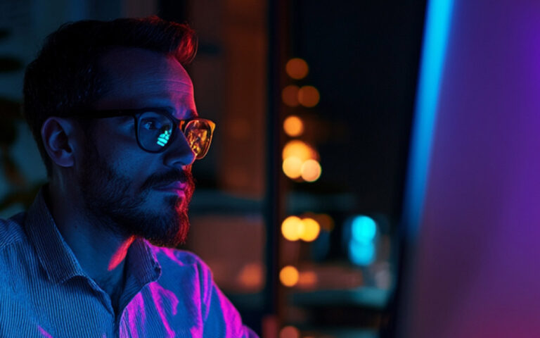 man working late on his computer