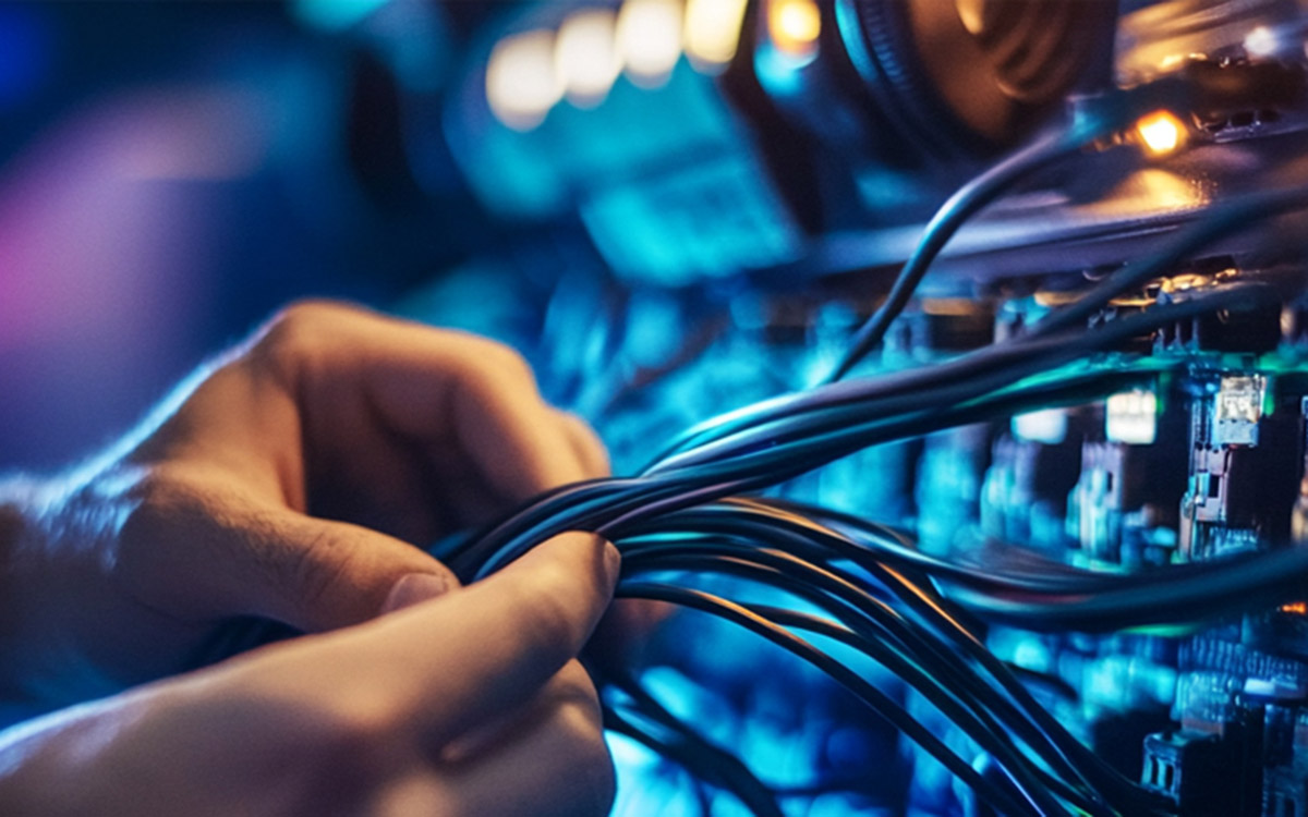 man working with server cables device