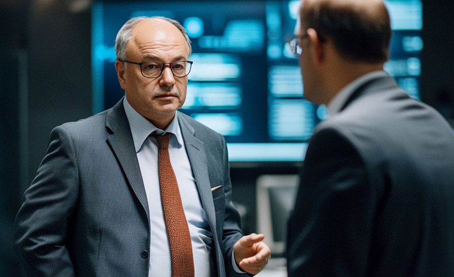 A bank manager discussing a possible bank ransomware attack with an IT expert.