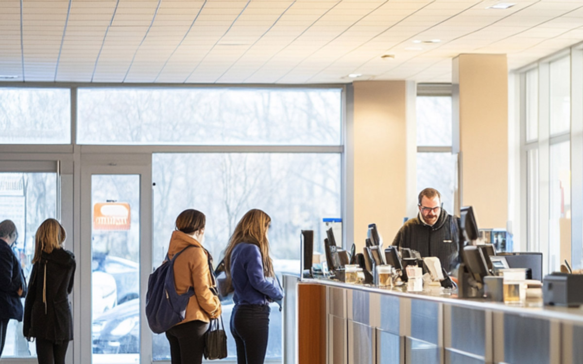 people waiting in line at the bank