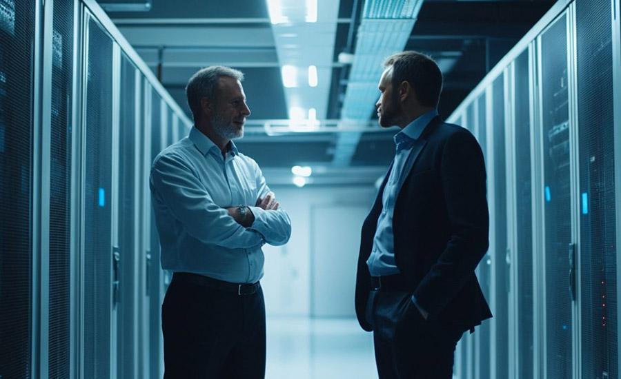 An IT expert explaining the costs of bank ransomware attacks to a bank manager.