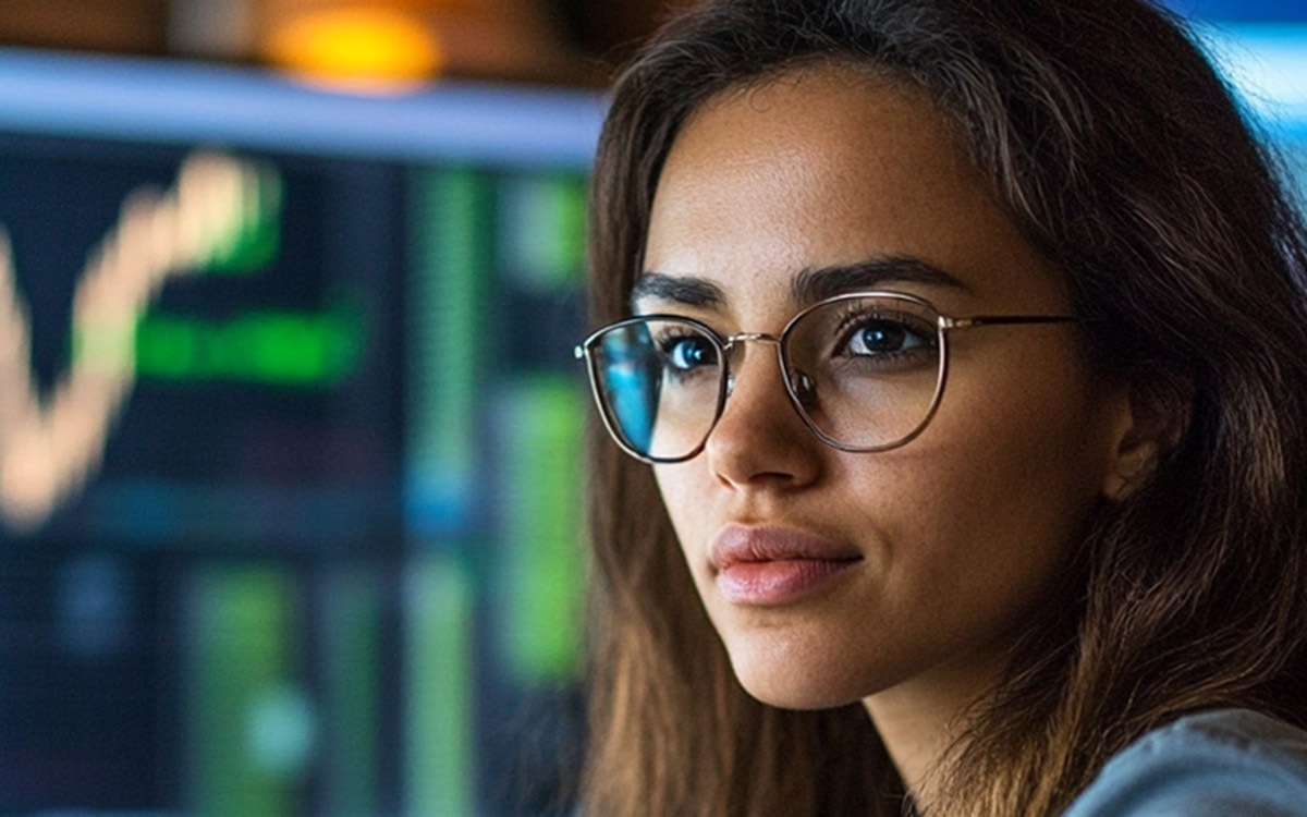 businesswoman with glasses looking at computer data
