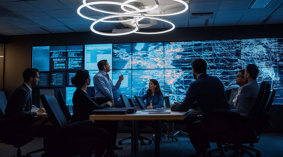 IT infrastructure management team discussing strategies in a conference room