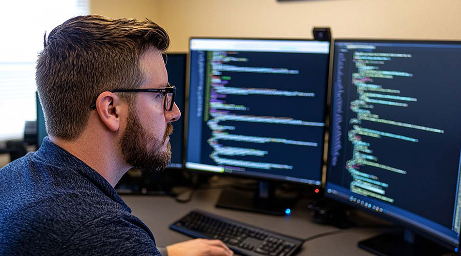 Network engineer monitoring cybersecurity measures on multiple computer screens