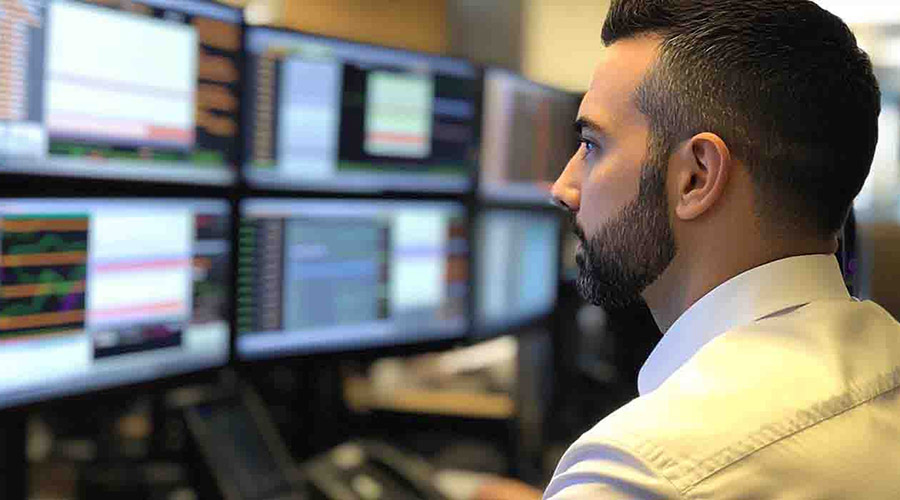 IT technician at a finance firm monitoring network status on multiple screens to ensure seamless operations.