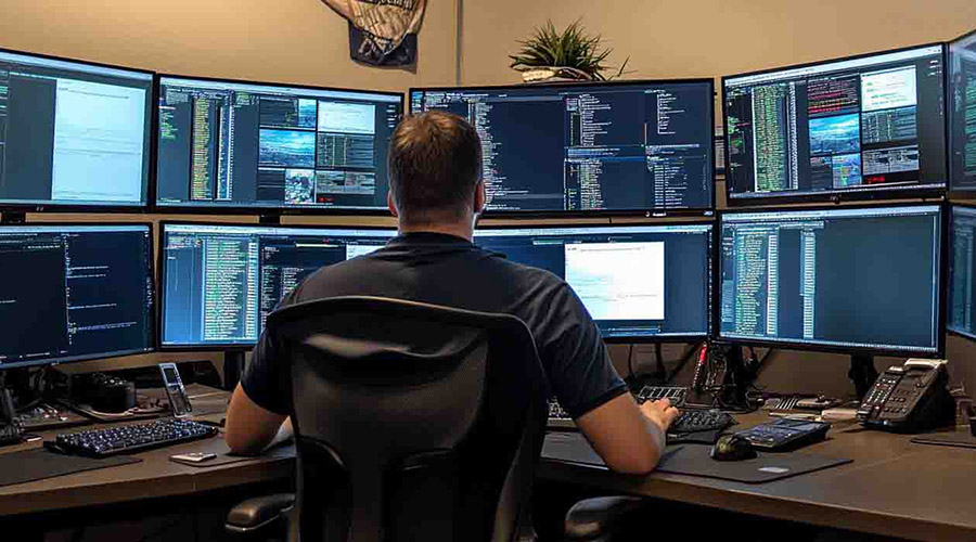 IT professional conducting a network assessment on multiple computer screens