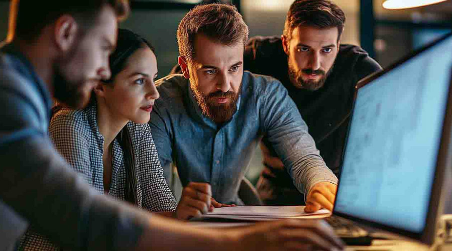 Dynamic help desk team collaborating over a computer in an office setting to resolve a technical issue quickly.