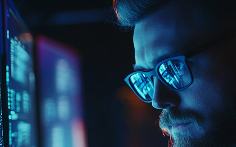 man looking at screen monitors office