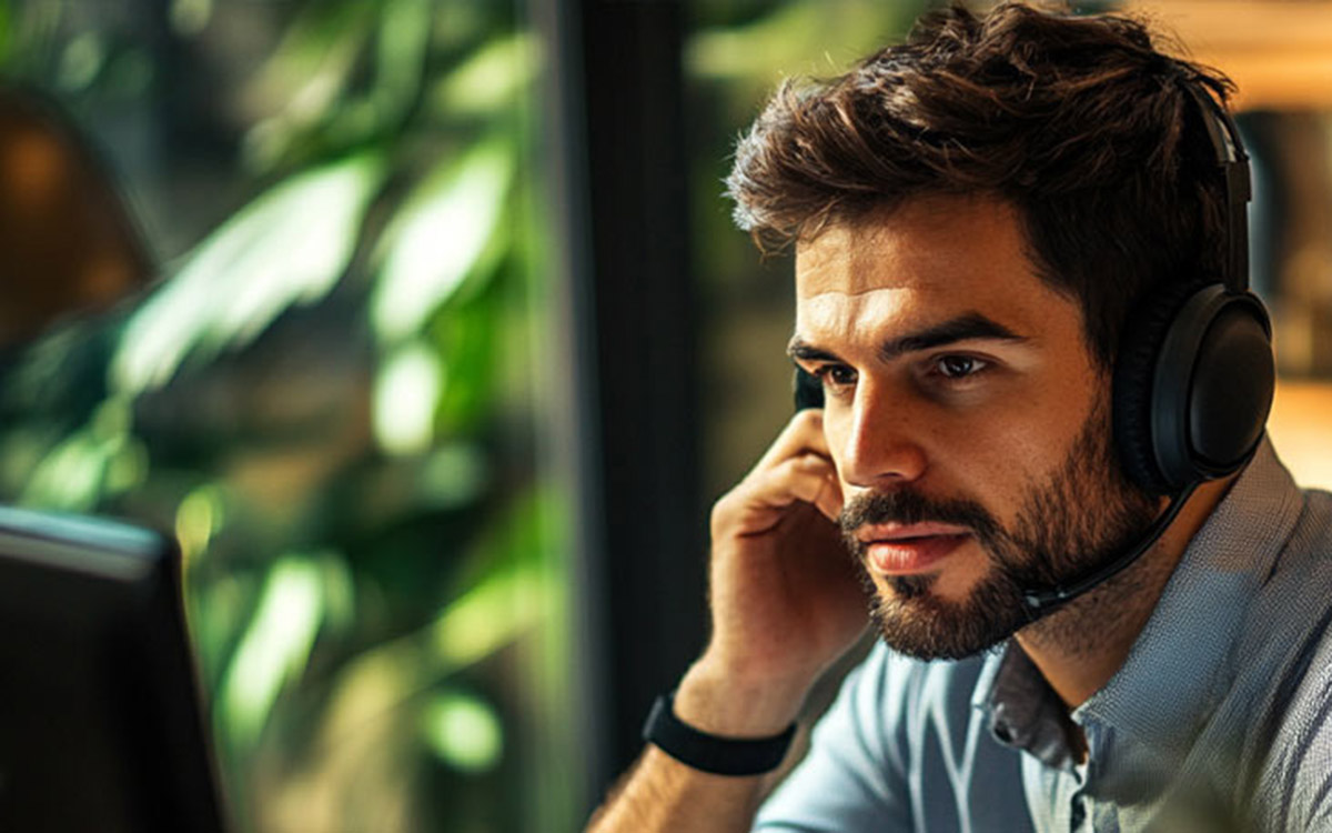 man working at IT call center