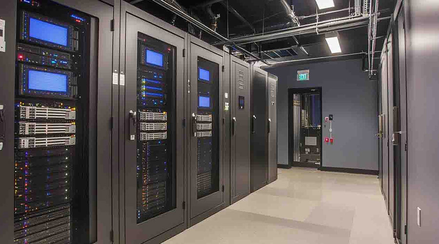High-security data center with servers and networking equipment, providing robust IT support for finance firms.