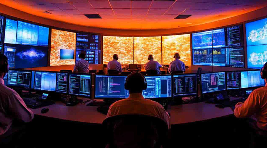 Network security team evaluating vulnerabilities and threats in a network operations center