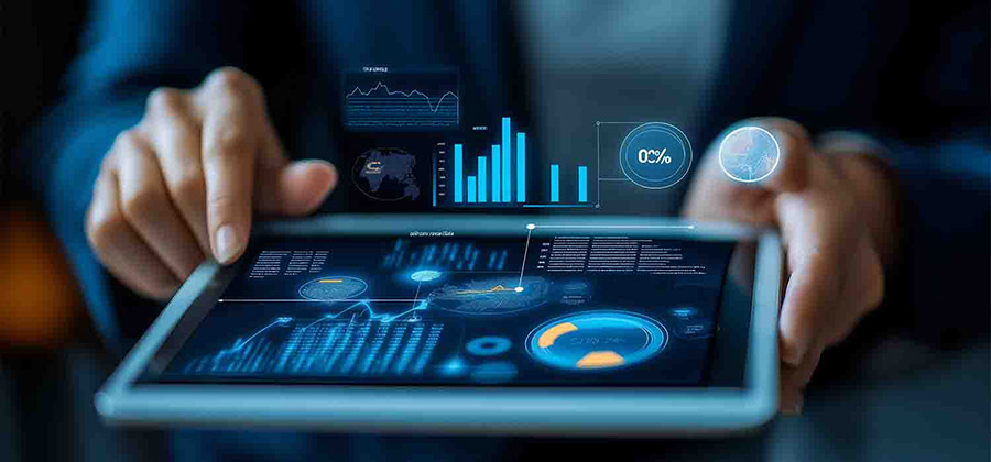 Business consultant presenting IT strategy on digital tablet to small business owner.