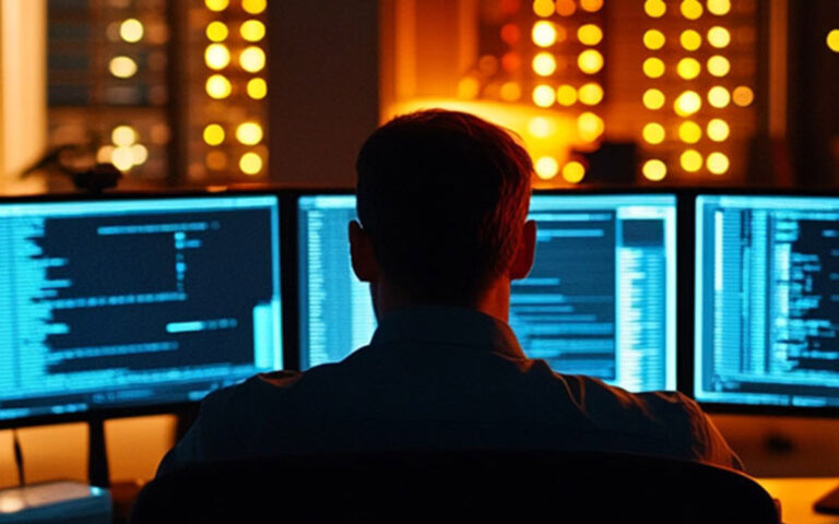 manager working with multiple computer screens