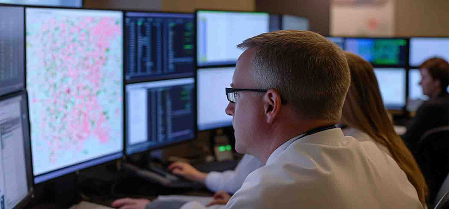 IT professionals monitoring network health on computer screens in Torrance