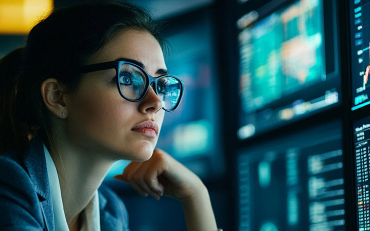 woman at the office looking at monitors