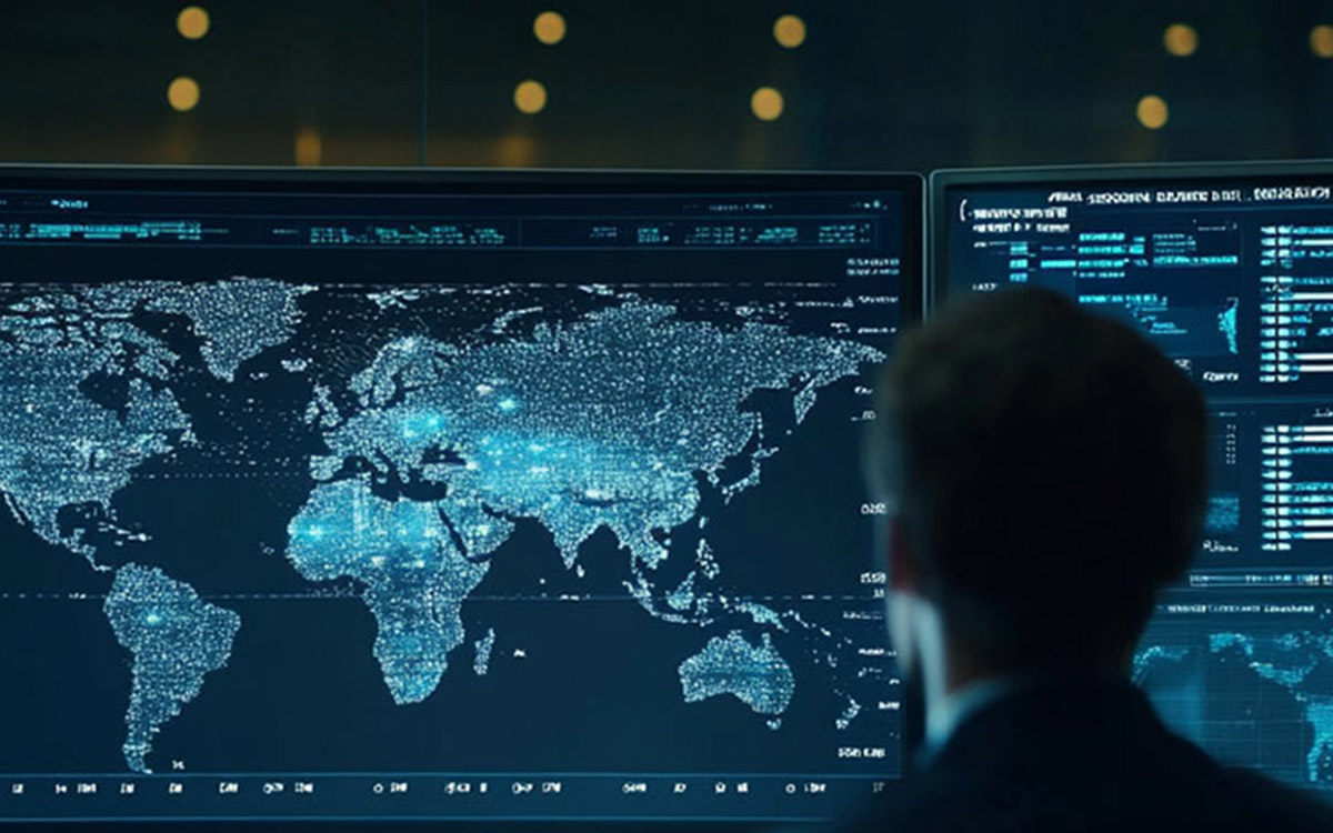 man looking at data screen monitors