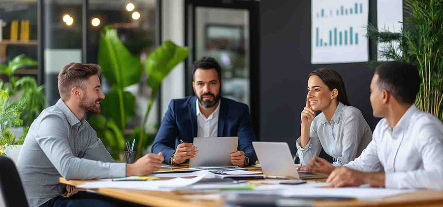 Financial team collaborating over risk management strategies in a conference room.