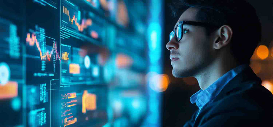 man looking at data screens