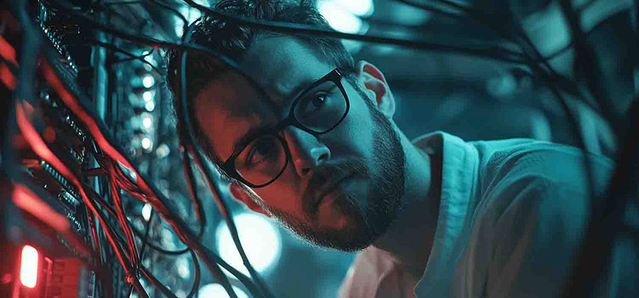 man looking at network cables