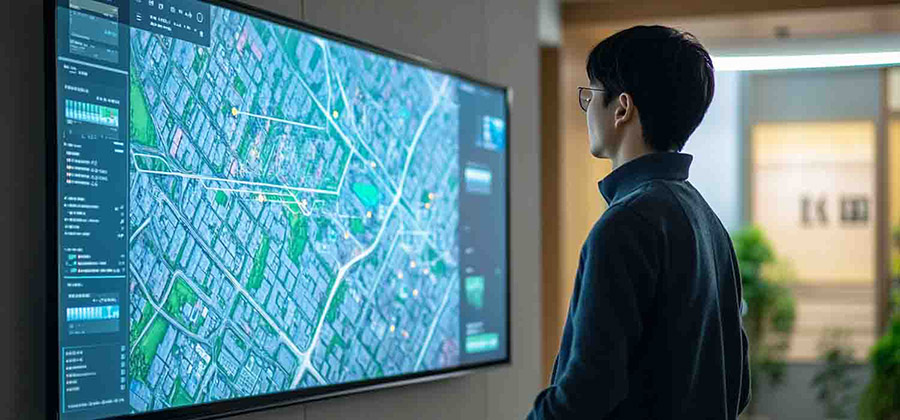 man looking maps in the screen