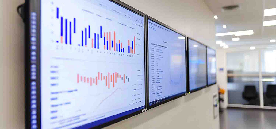 office monitors displaying graphics