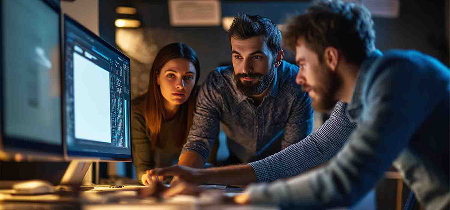 team working late in computer