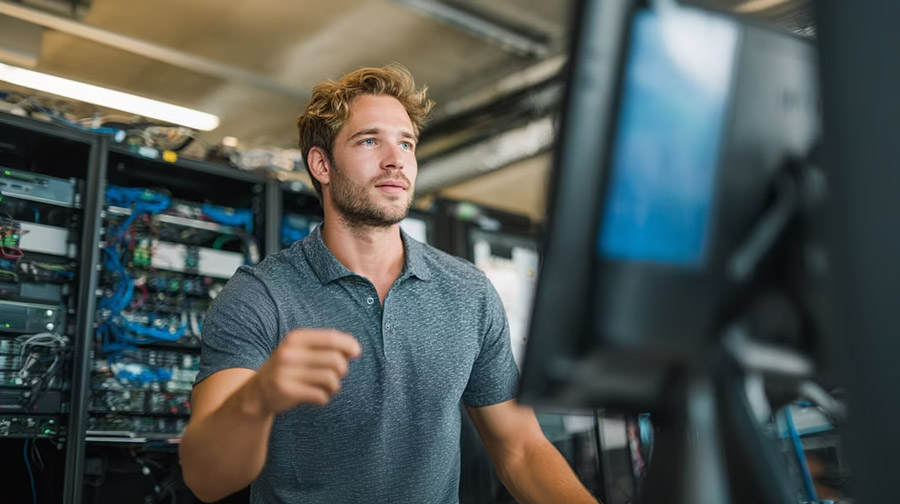 IT manager working on servers