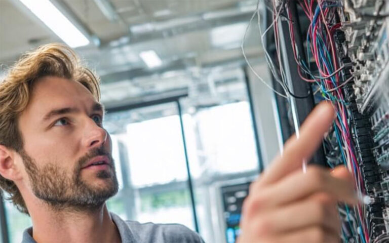 IT manager working with server cables