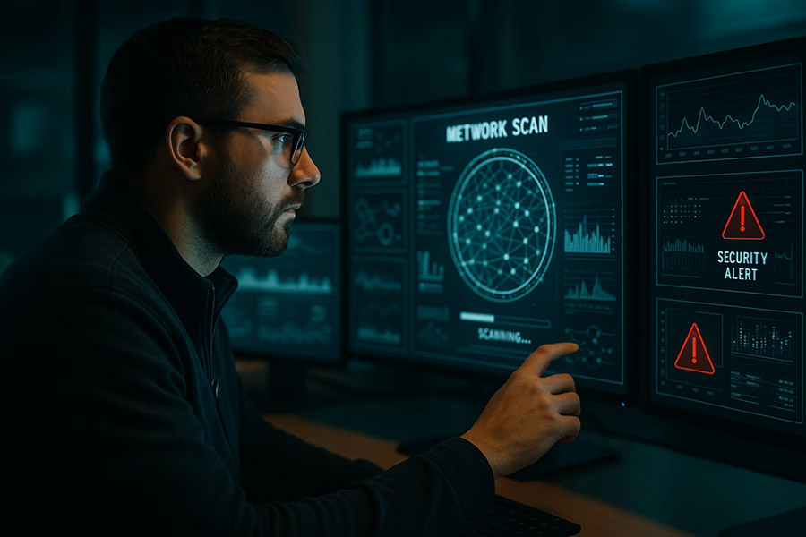 man at the computer for network scan