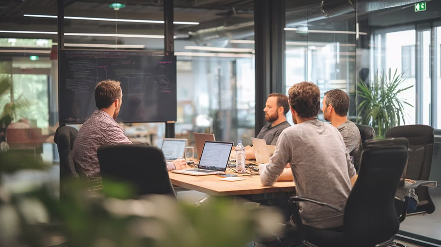 team looking at a presentation in the office