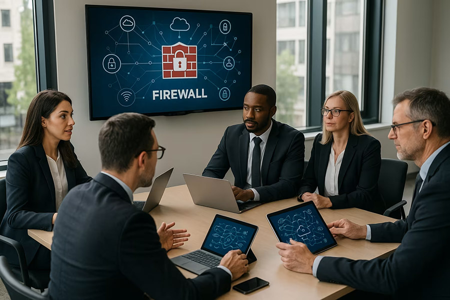 team talking about network firewall