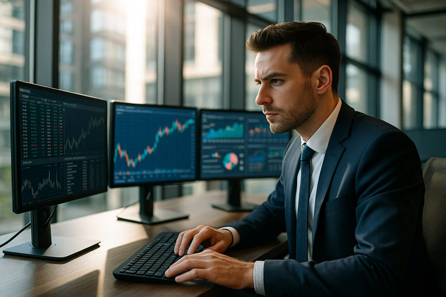 man looking at the stock market data