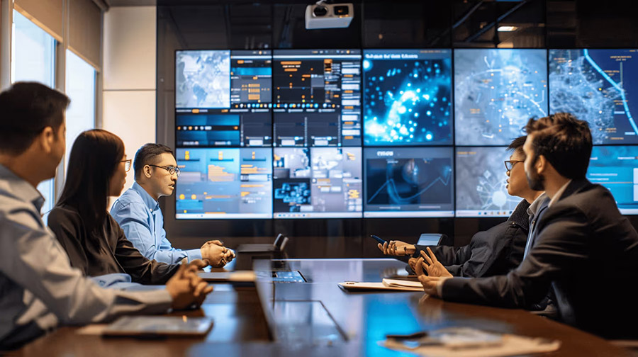 team looking at multiple screens network