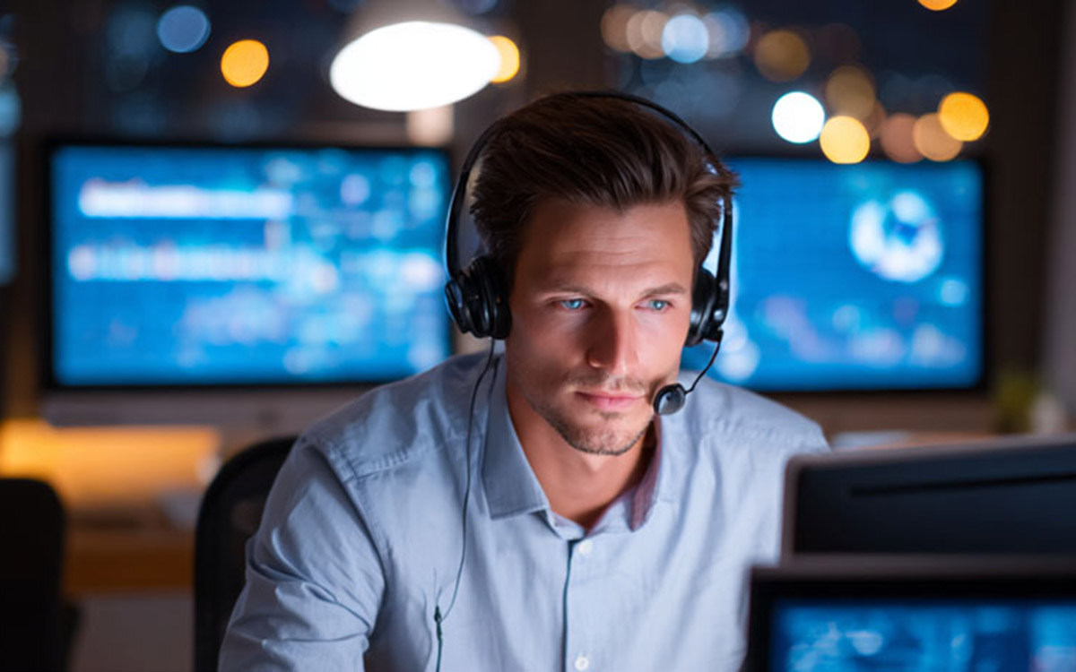 customer service agent on the phone and computers