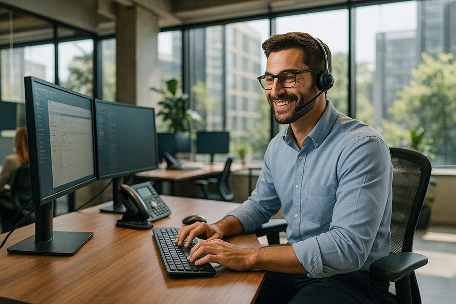 customer service agent talking with clients